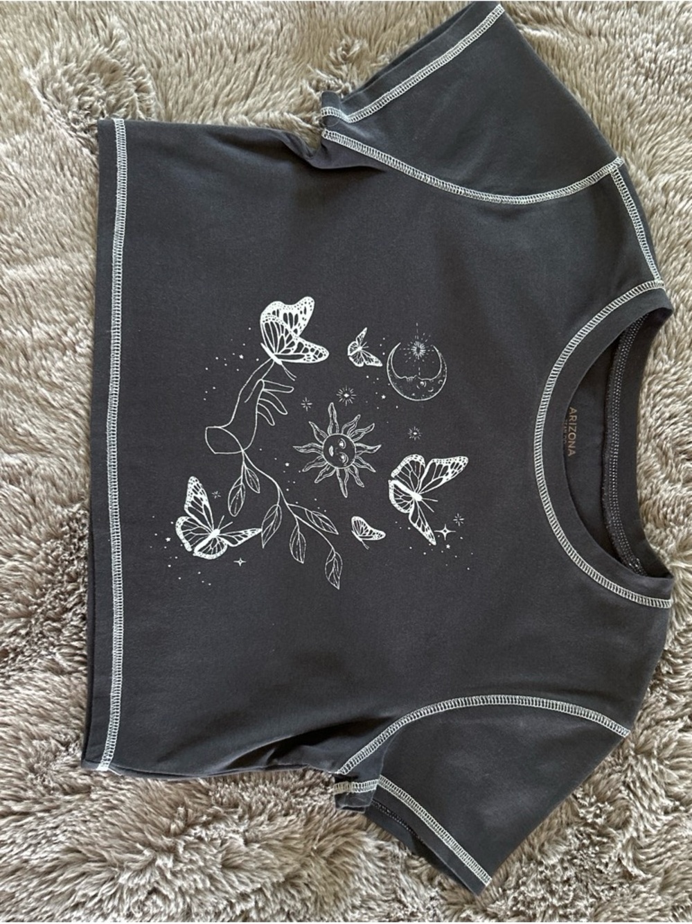 Arizona Jean Company Black Crop Top with White Butterfly & Sun Graphic